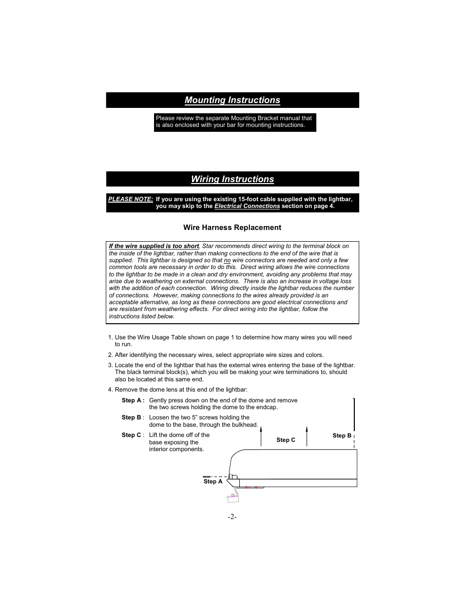 Wiring instructions mounting instructions, Wire harness replacement | Star Headlight & Lantern 9500 Series - 58" Warning Package User Manual | Page 4 / 20