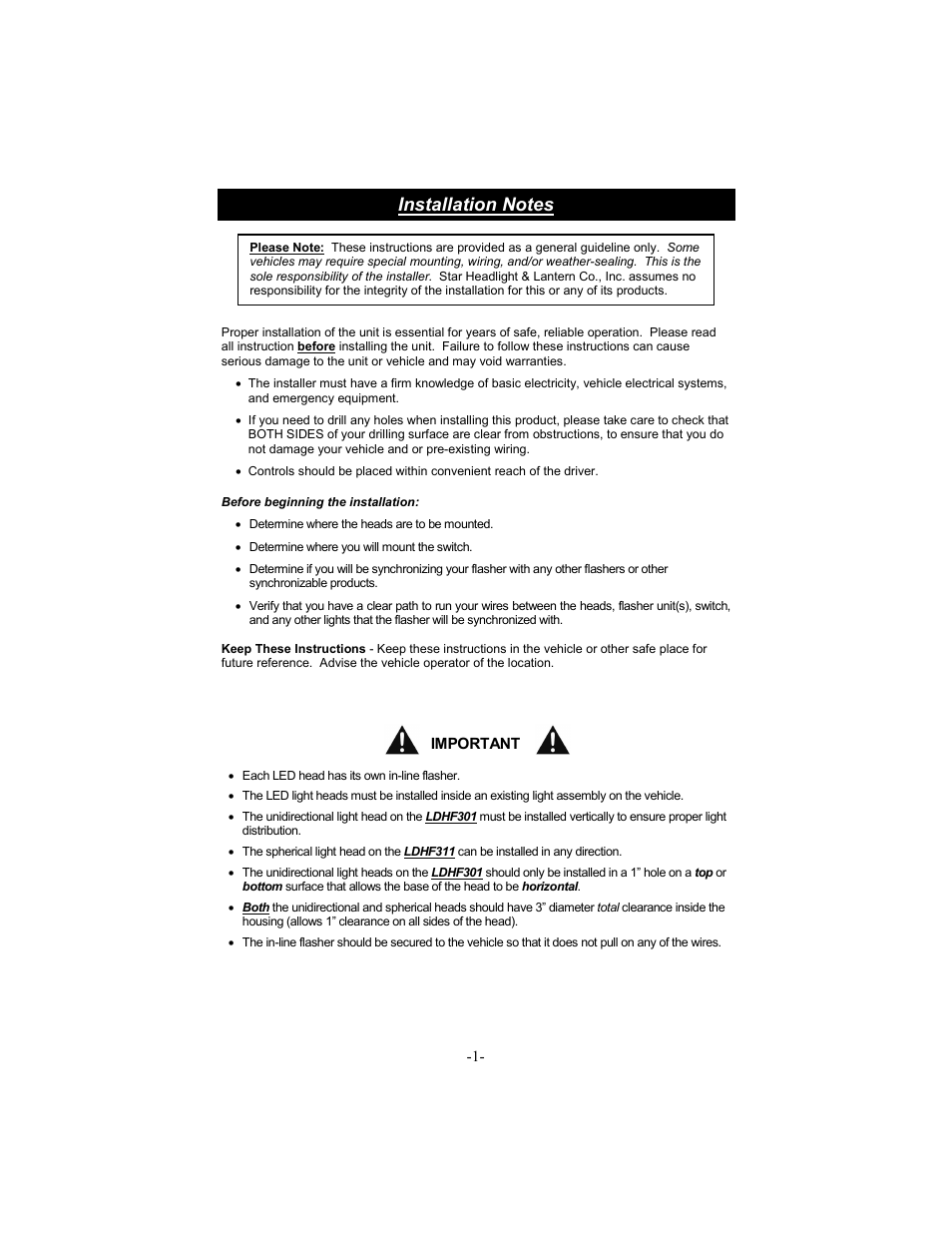 Important | Star Headlight & Lantern Hide-A-STA In-Line Remote Flashing LED Kits User Manual | Page 3 / 8