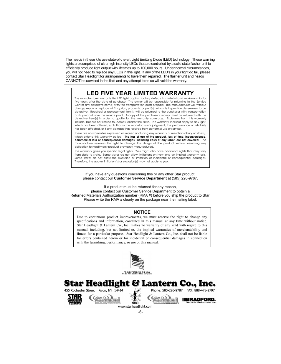 Led five year limited warranty, Notice | Star Headlight & Lantern Hide-A-STA In-Line Remote Flashing LED Kits User Manual | Page 8 / 8