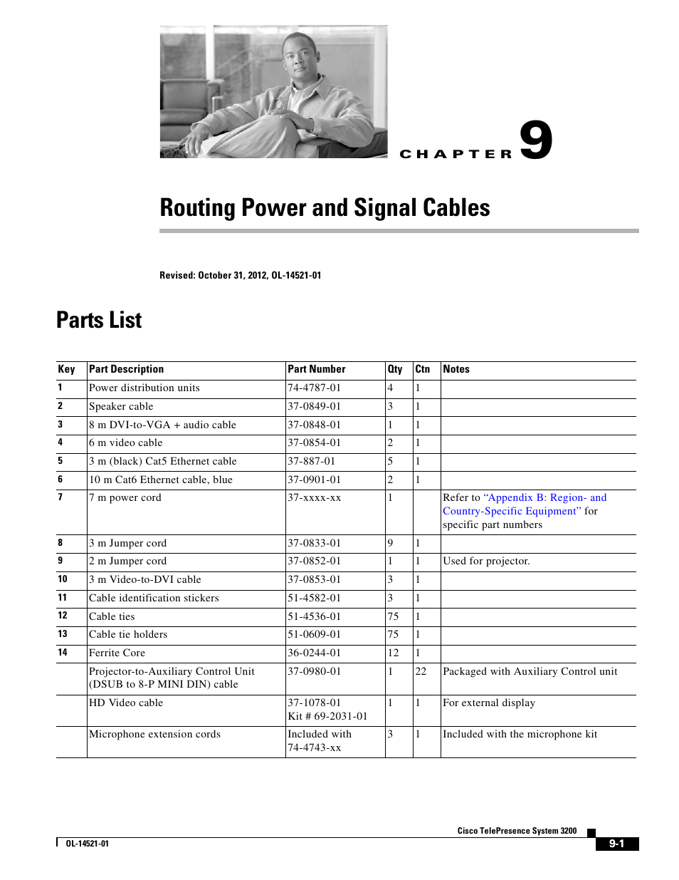 Routing power and signal cables, Parts list, C h a p t e r | Chapter 9, “routing power and signal cables, Chapter 9, Chapter 9, “routing, Power and signal cables, Chapter 9, “routing power and, Signal cables, Chapter 9, “routing power and signal | Cisco 3200 User Manual | Page 155 / 282