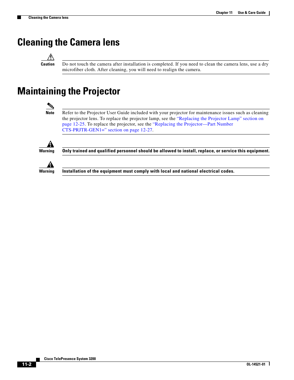 Cleaning the camera lens, Maintaining the projector | Cisco 3200 User Manual | Page 208 / 282