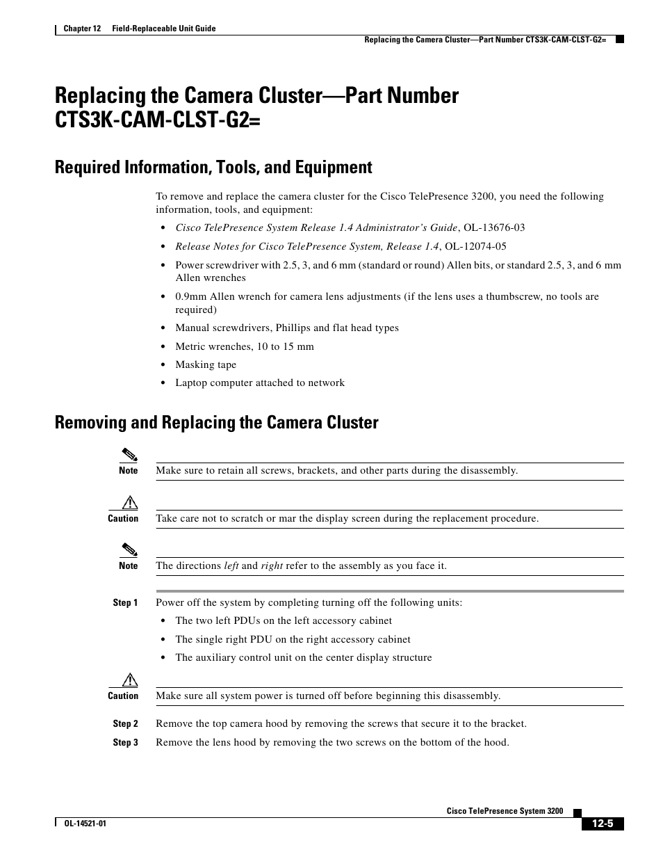 Required information, tools, and equipment, Removing and replacing the camera cluster | Cisco 3200 User Manual | Page 213 / 282