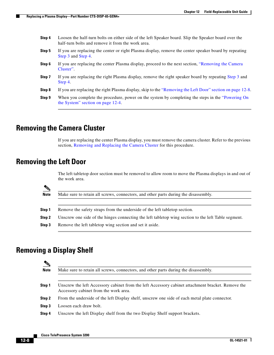 Removing the camera cluster, Removing the left door, Removing a display shelf | Cisco 3200 User Manual | Page 216 / 282