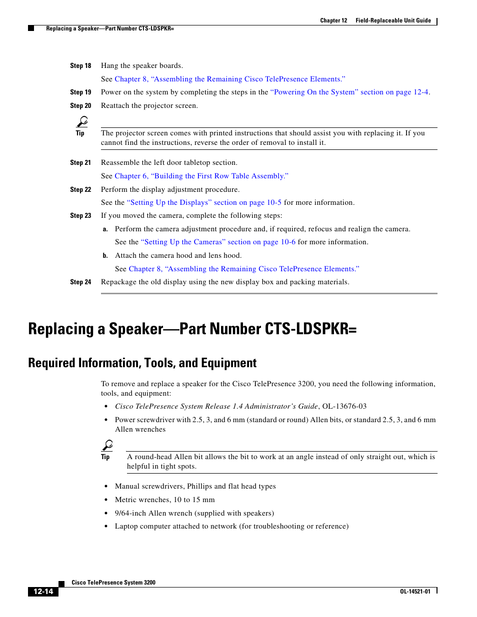 Replacing a speaker-part number cts-ldspkr, Required information, tools, and equipment, Replacing a speaker—part number cts-ldspkr | Cisco 3200 User Manual | Page 222 / 282