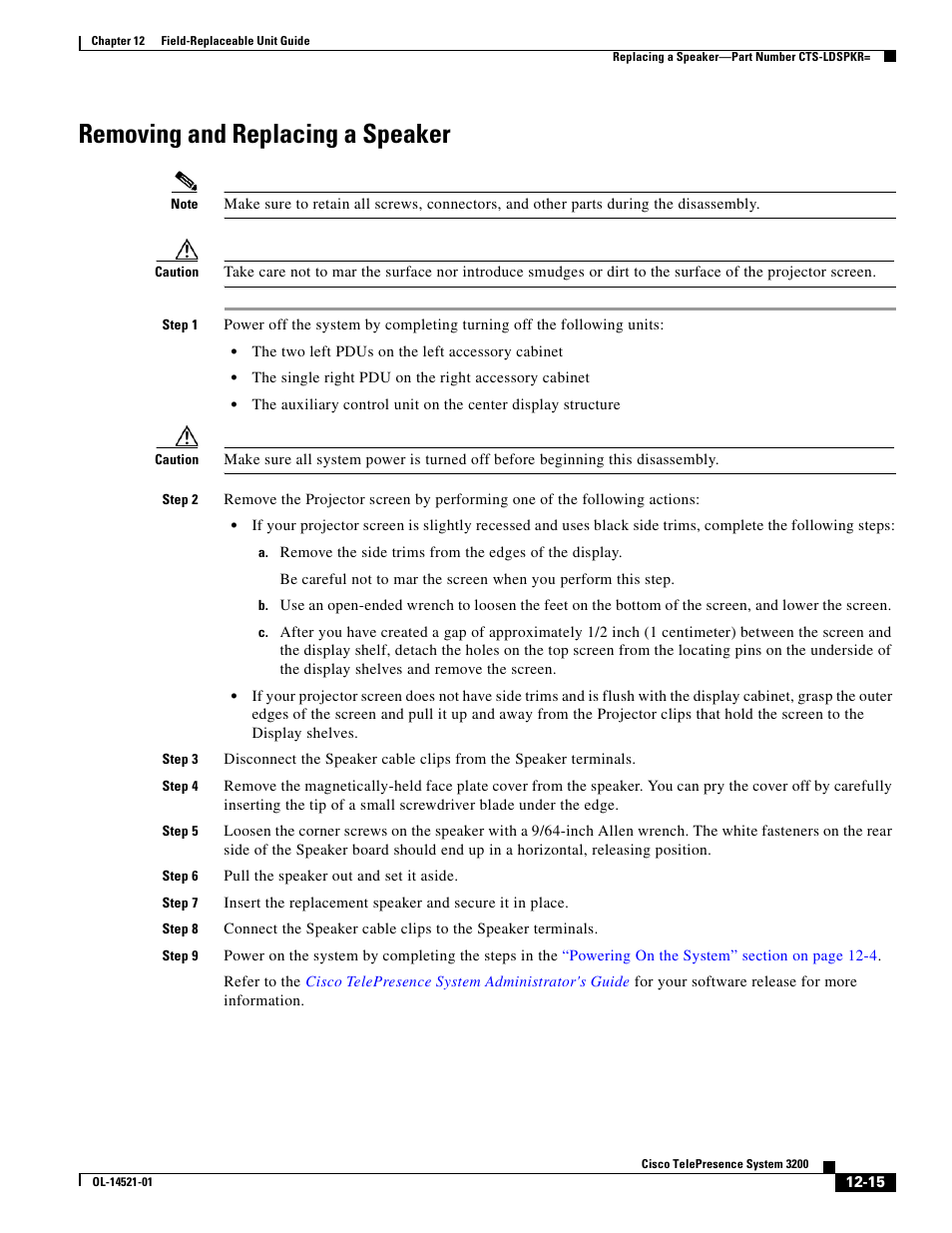 Removing and replacing a speaker | Cisco 3200 User Manual | Page 223 / 282