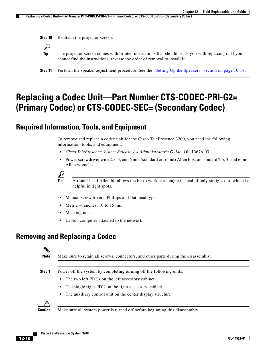 Required information, tools, and equipment, Removing and replacing a codec | Cisco 3200 User Manual | Page 224 / 282