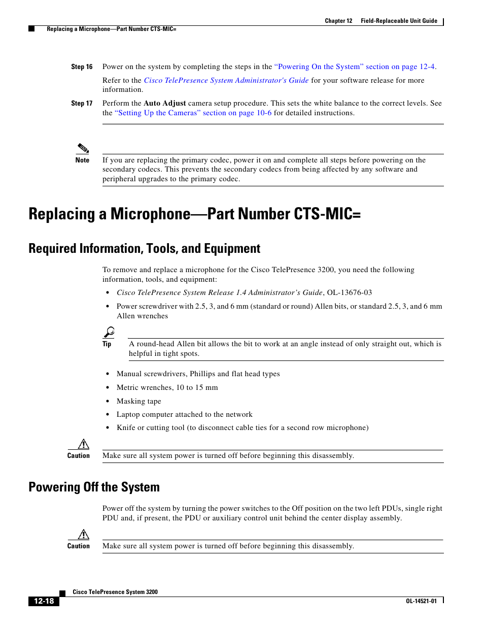 Replacing a microphone-part number cts-mic, Required information, tools, and equipment, Powering off the system | Replacing a microphone—part number cts-mic | Cisco 3200 User Manual | Page 226 / 282