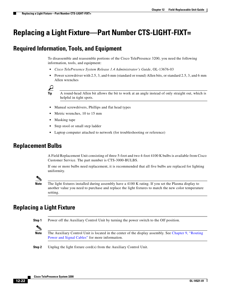 Required information, tools, and equipment, Replacement bulbs, Replacing a light fixture | Cisco 3200 User Manual | Page 230 / 282