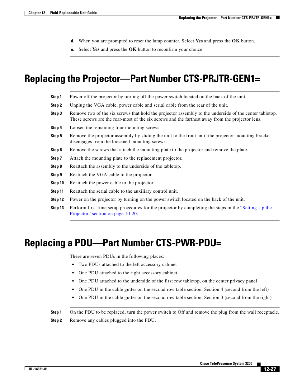 Replacing the projector-part number cts-prjtr-gen1, Replacing a pdu-part number cts-pwr-pdu, Replacing the projector—part number cts-prjtr-gen1 | Replacing a pdu—part number cts-pwr-pdu, Replacing the projector—part number | Cisco 3200 User Manual | Page 235 / 282