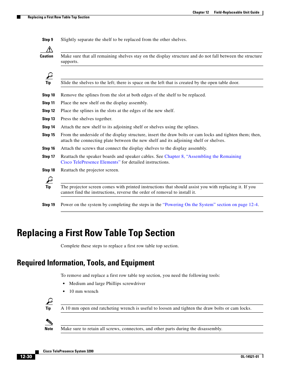 Replacing a first row table top section, Required information, tools, and equipment | Cisco 3200 User Manual | Page 238 / 282