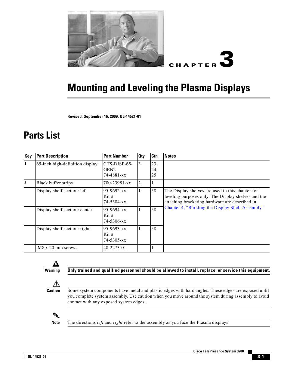 Mounting and leveling the plasma displays, Parts list, C h a p t e r | Cisco 3200 User Manual | Page 25 / 282
