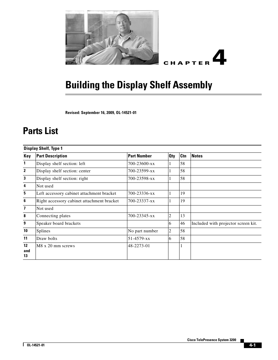 Building the display shelf assembly, Parts list, C h a p t e r | Chapter 4, “building the display shelf assembly | Cisco 3200 User Manual | Page 35 / 282