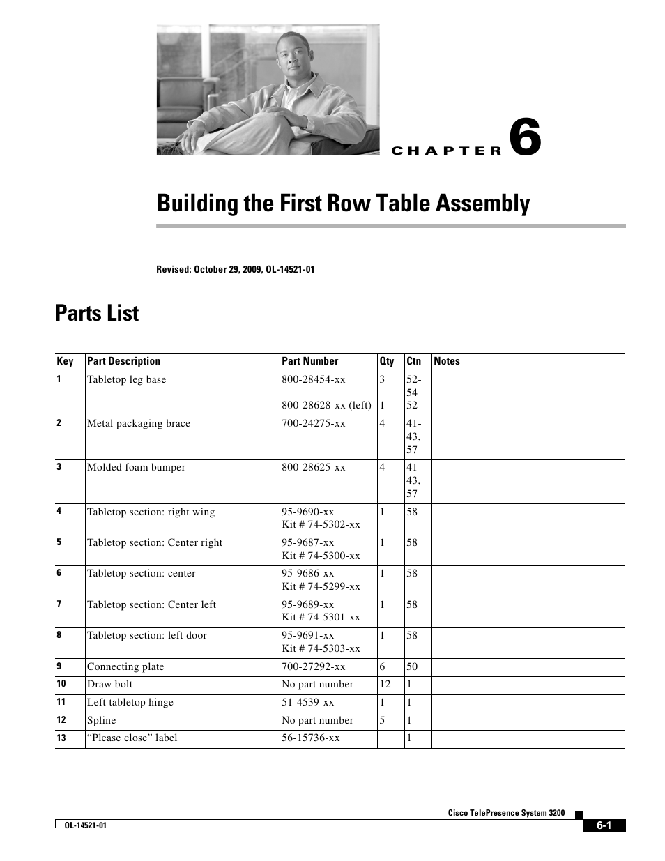 Building the first row table assembly, Parts list, C h a p t e r | Chapter 6, “building the first row table assembly, Chapter 6, “building the, First row table assembly | Cisco 3200 User Manual | Page 69 / 282