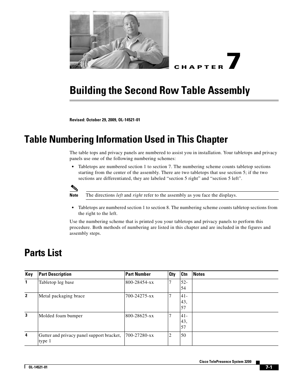 Building the second row table assembly, Table numbering information used in this chapter, Parts list | C h a p t e r, Chapter 7, “building the second row table assembly | Cisco 3200 User Manual | Page 89 / 282