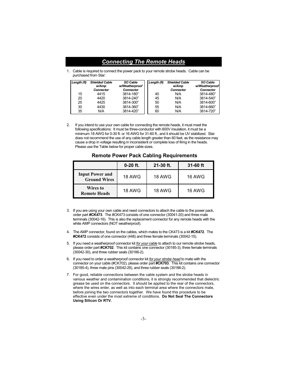 Connecting the remote heads, Remote power pack cabling requirements | Star Headlight & Lantern STAR-PA RP310Q User Manual | Page 5 / 8