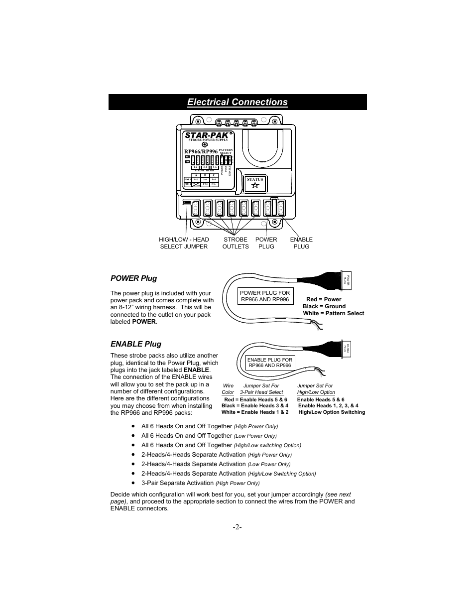 Electrical connections, Star-pak, Power plug | Enable plug, All 6 heads on and off together, Heads/4-heads separate activation, Pair separate activation | Star Headlight & Lantern STAR-PA RSK966P User Manual | Page 5 / 16