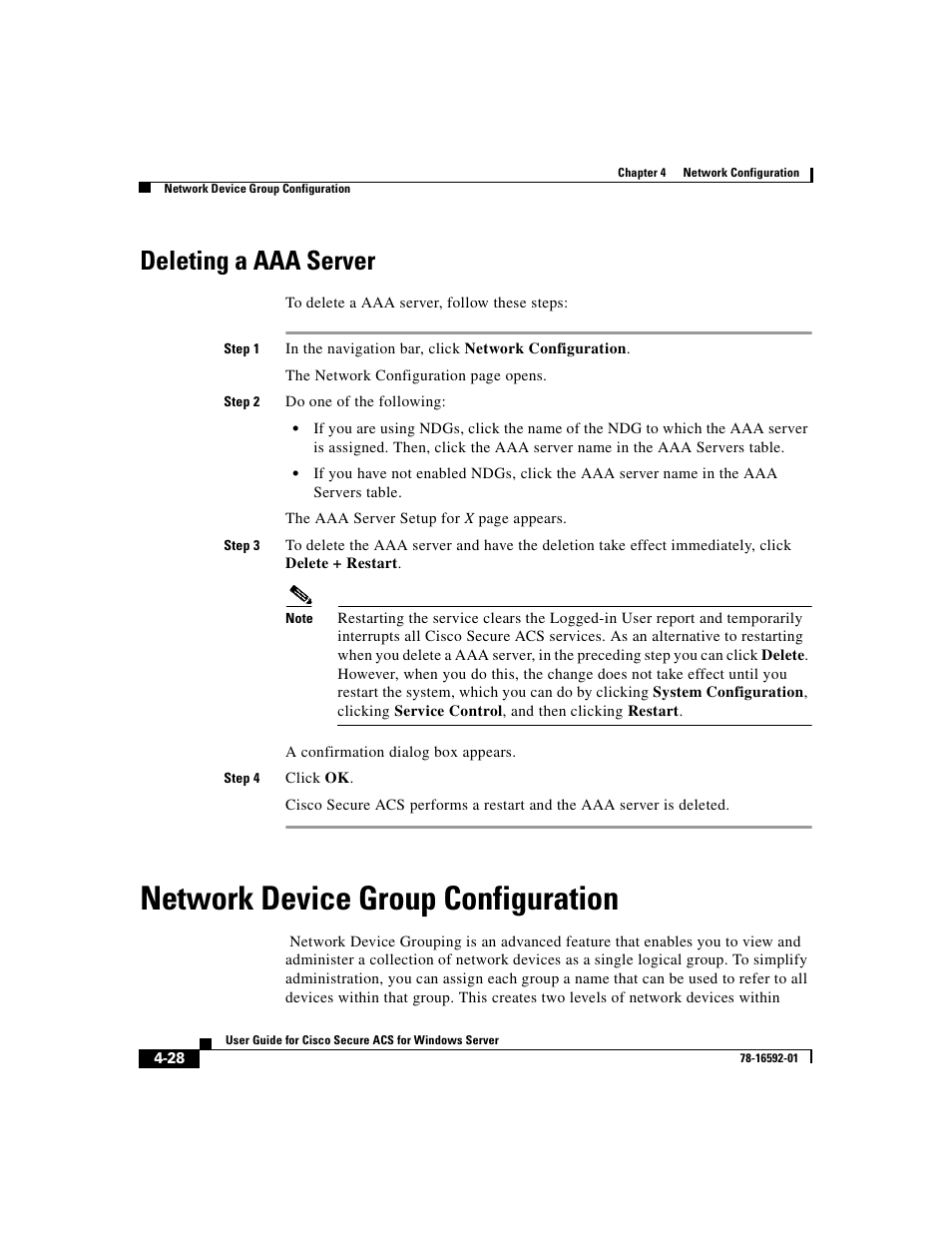 Deleting a aaa server, Network device group configuration | Cisco 3.3 User Manual | Page 144 / 860