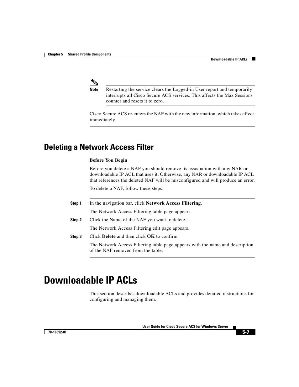 Deleting a network access filter, Downloadable ip acls | Cisco 3.3 User Manual | Page 161 / 860