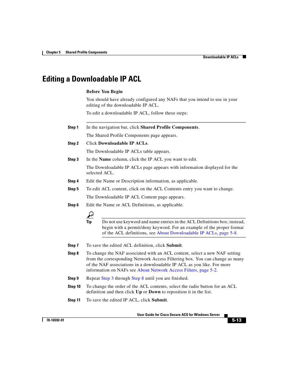 Editing a downloadable ip acl | Cisco 3.3 User Manual | Page 167 / 860