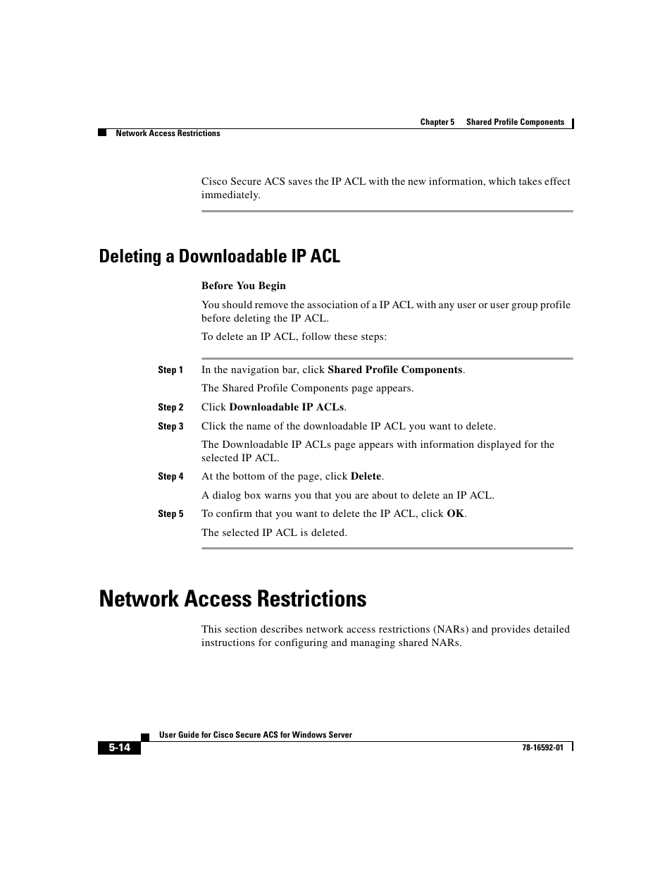 Deleting a downloadable ip acl, Network access restrictions | Cisco 3.3 User Manual | Page 168 / 860