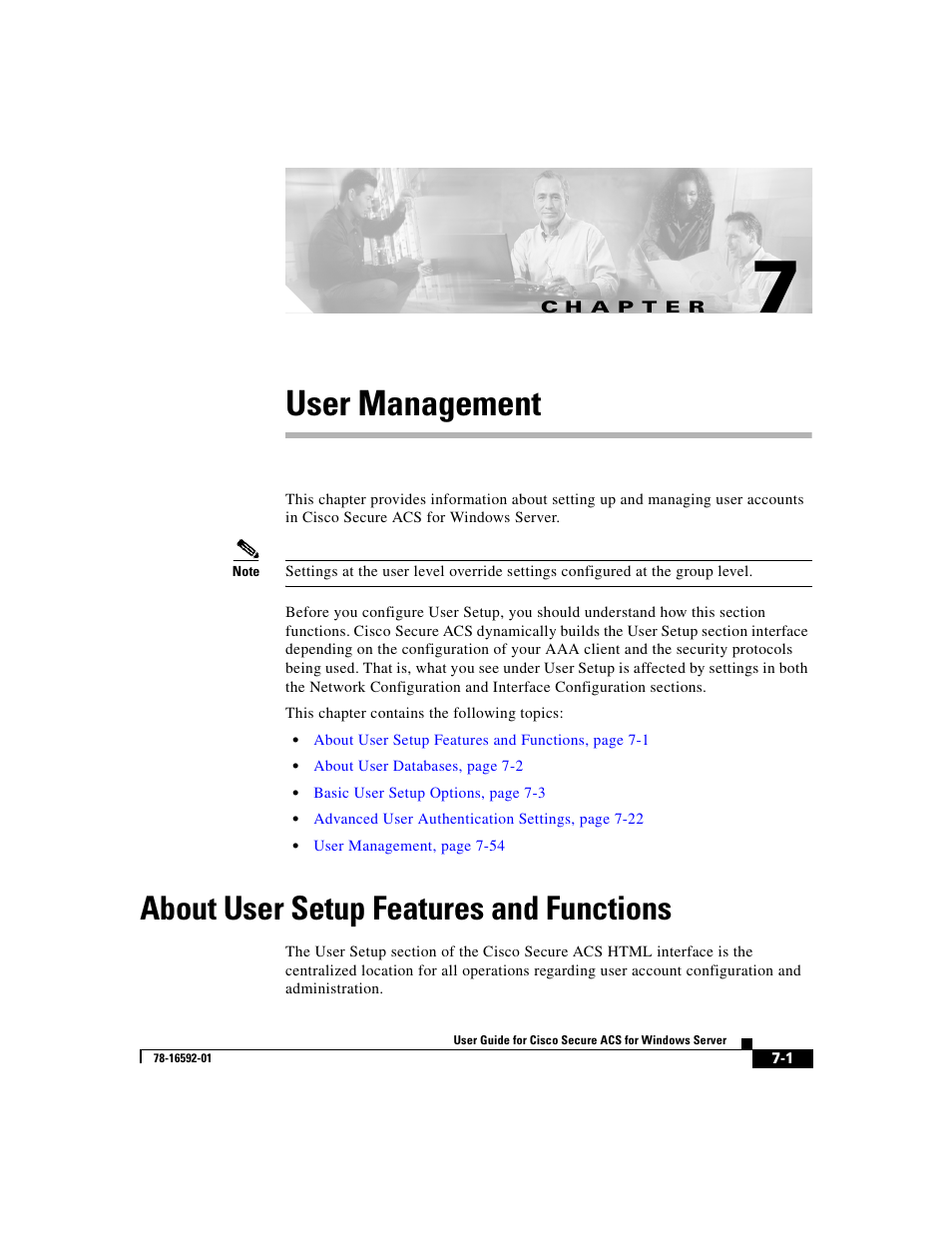 User management, About user setup features and functions, C h a p t e r | Chapter 7, “user management | Cisco 3.3 User Manual | Page 247 / 860