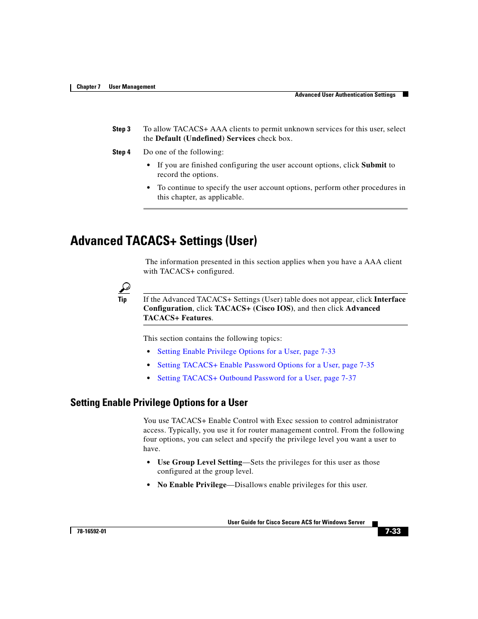 Advanced tacacs+ settings (user), Setting enable privilege options for a user | Cisco 3.3 User Manual | Page 279 / 860