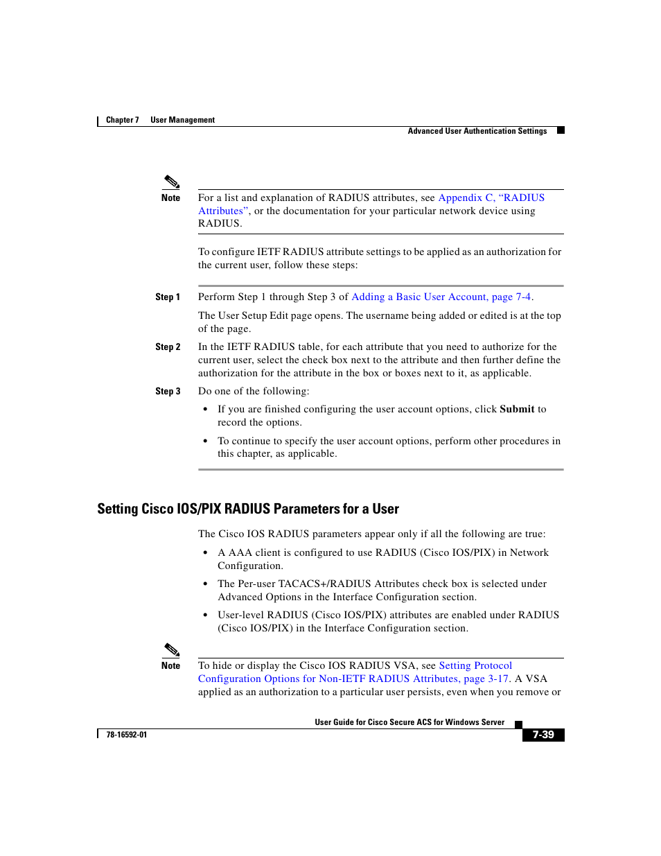 Setting cisco ios/pix radius parameters for a user | Cisco 3.3 User Manual | Page 285 / 860