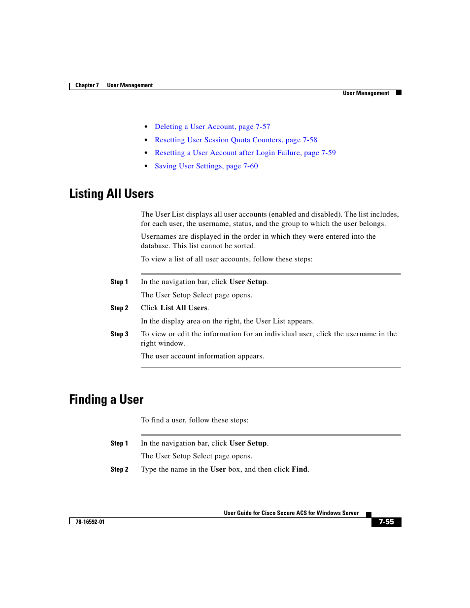 Listing all users, Finding a user | Cisco 3.3 User Manual | Page 301 / 860