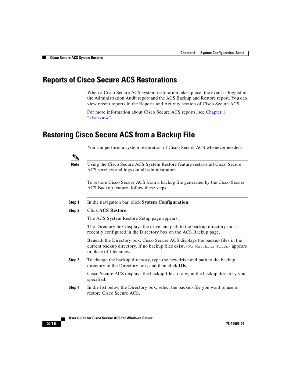 Reports of ciscosecure acs restorations, Restoring ciscosecure acs from a backup file, Reports of cisco secure acs restorations | Restoring cisco secure acs from a backup file | Cisco 3.3 User Manual | Page 322 / 860