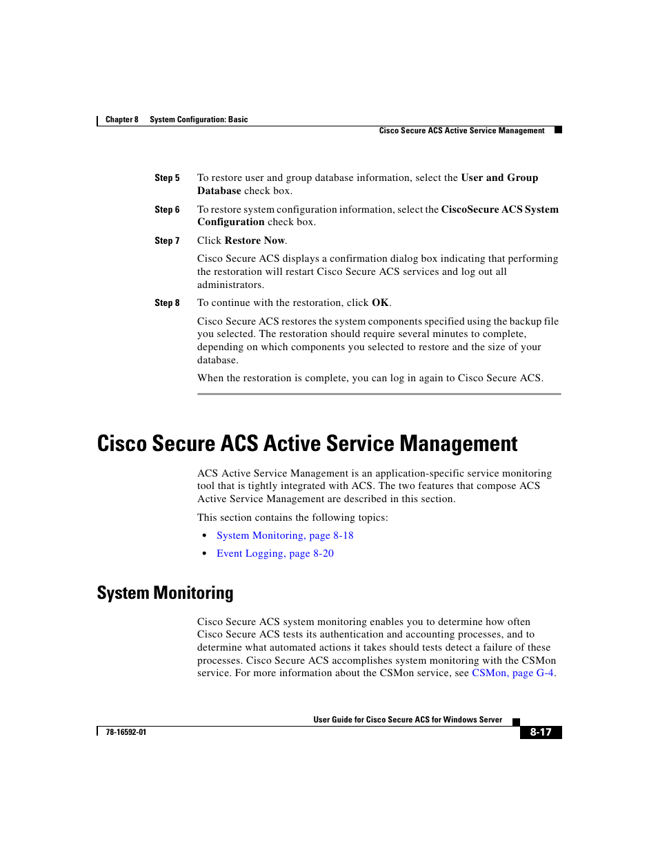 Ciscosecure acs active service management, System monitoring, Cisco secure acs active service management | Cisco secure acs active service | Cisco 3.3 User Manual | Page 323 / 860