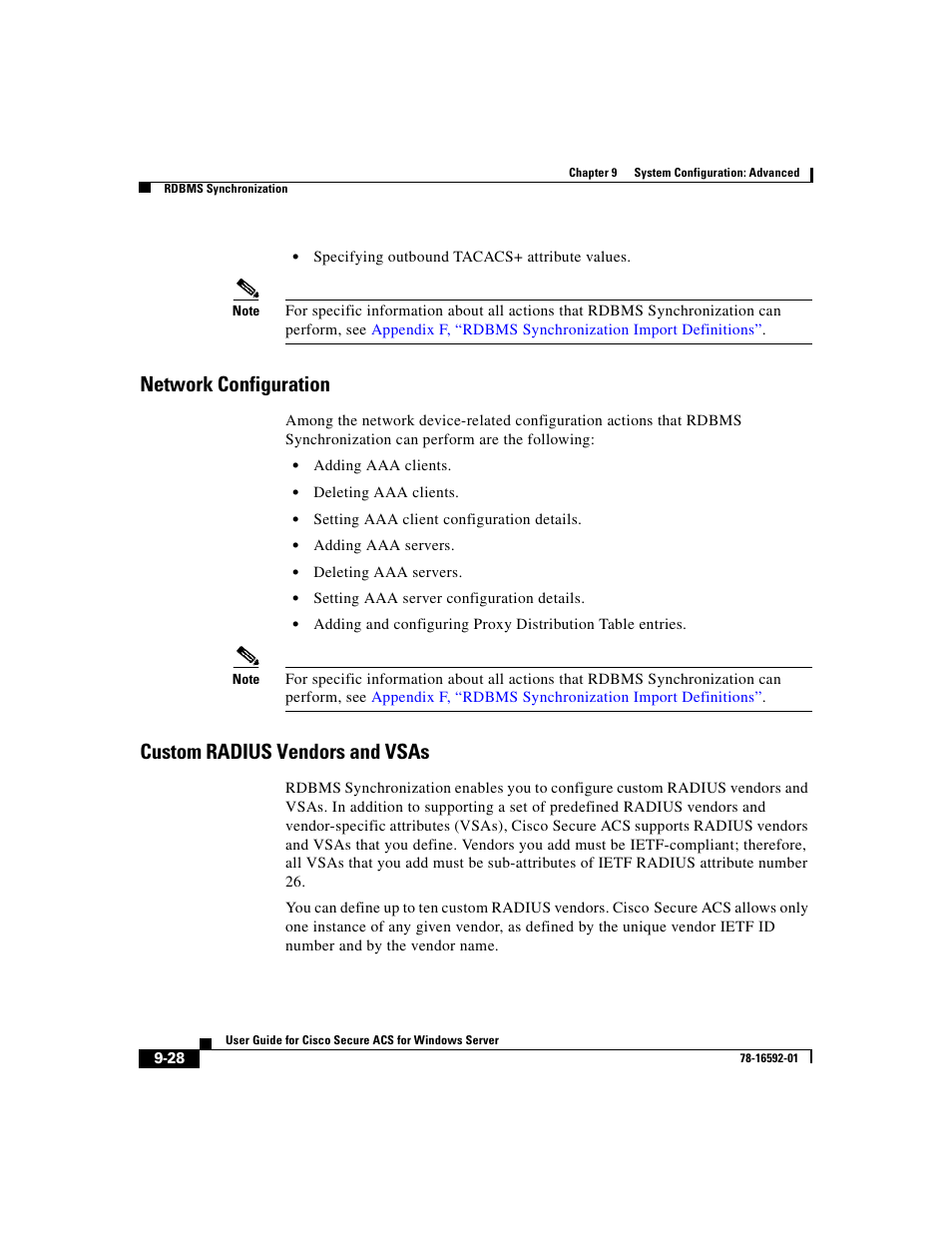 Network configuration, Custom radius vendors and vsas, Custom | Cisco 3.3 User Manual | Page 356 / 860