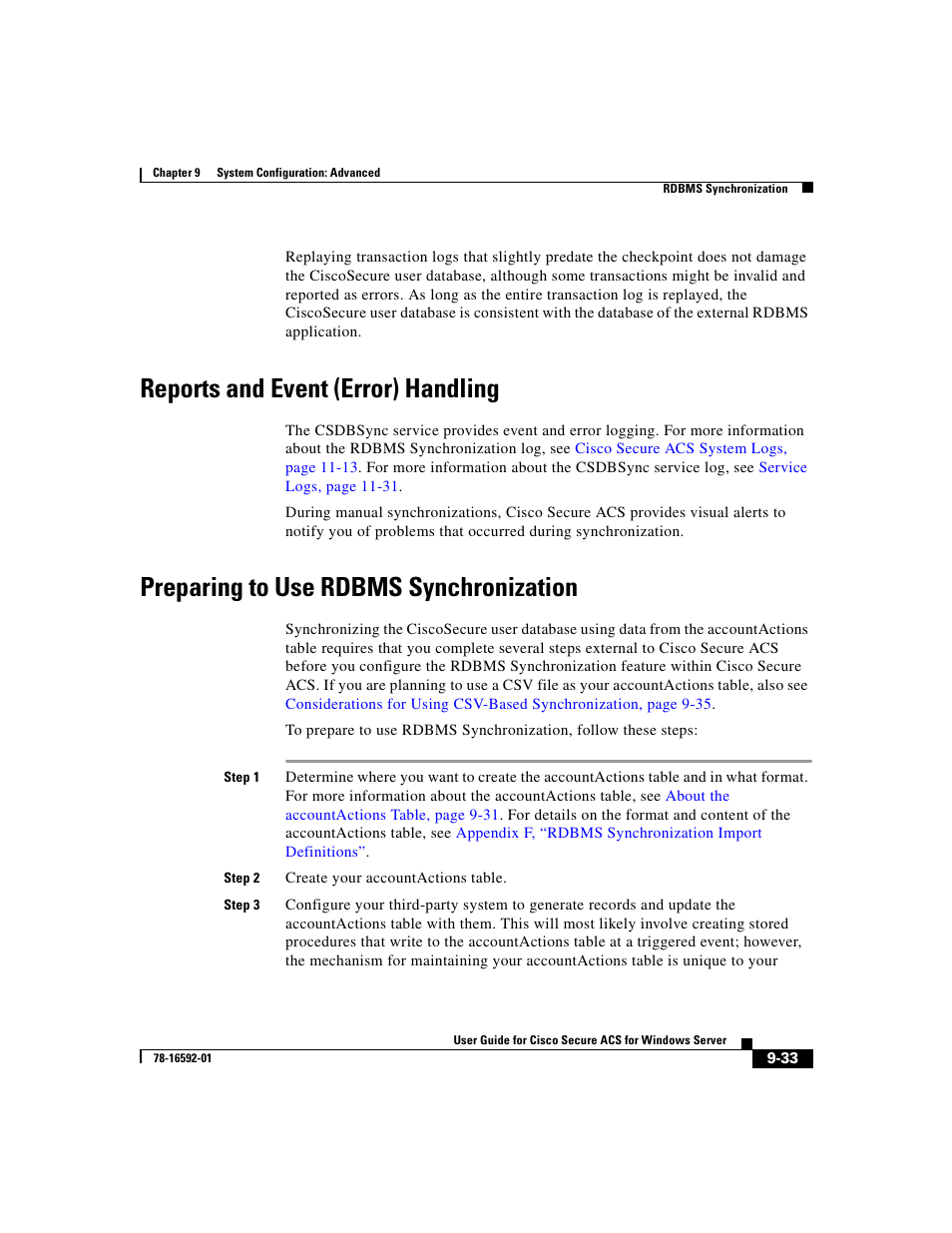 Reports and event (error) handling, Preparing to use rdbms synchronization | Cisco 3.3 User Manual | Page 361 / 860