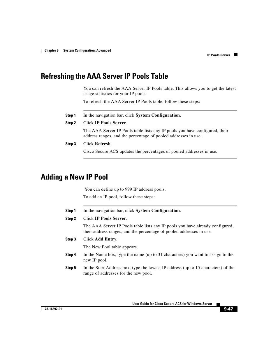 Refreshing the aaa server ip pools table, Adding a new ip pool | Cisco 3.3 User Manual | Page 375 / 860