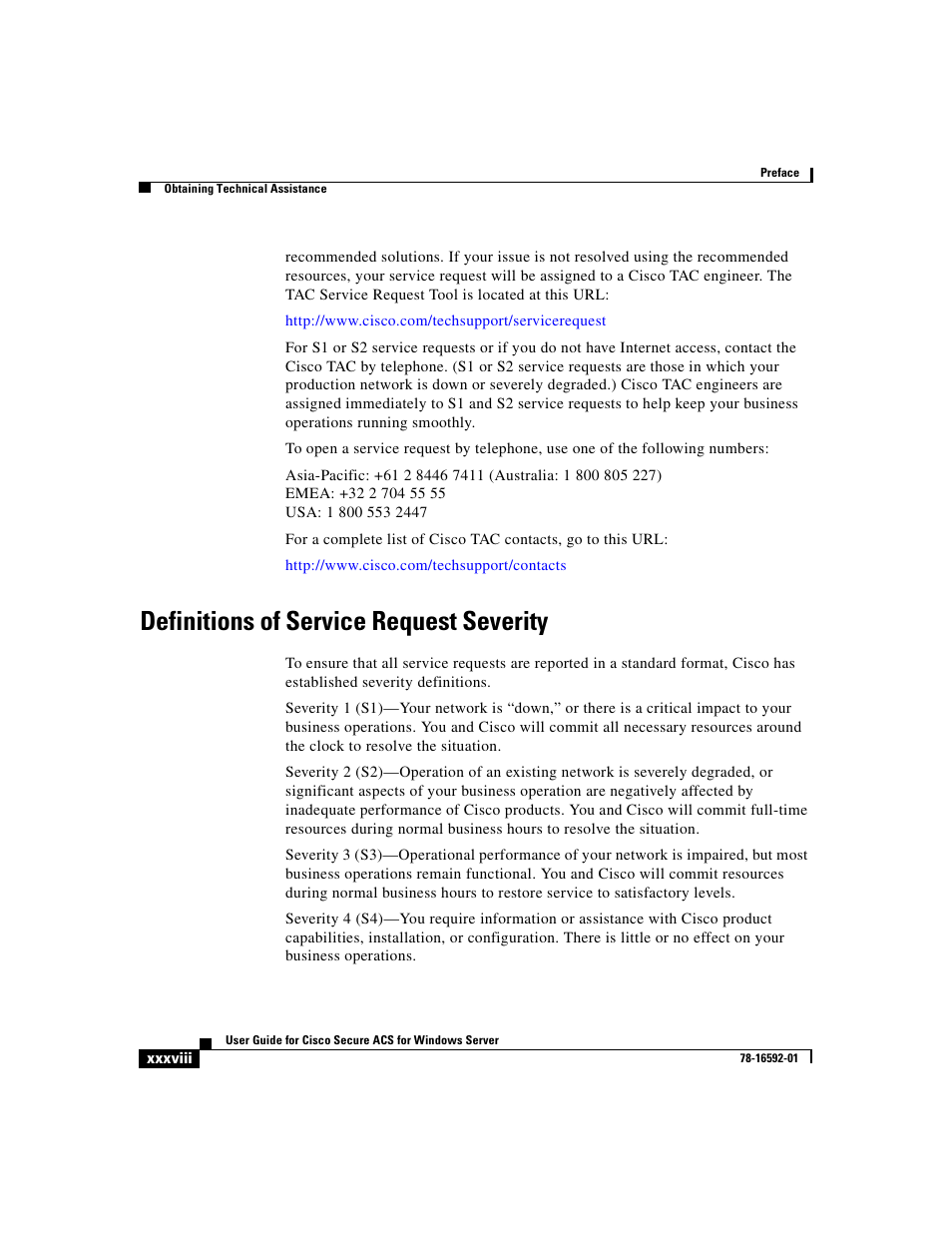 Definitions of service request severity | Cisco 3.3 User Manual | Page 38 / 860