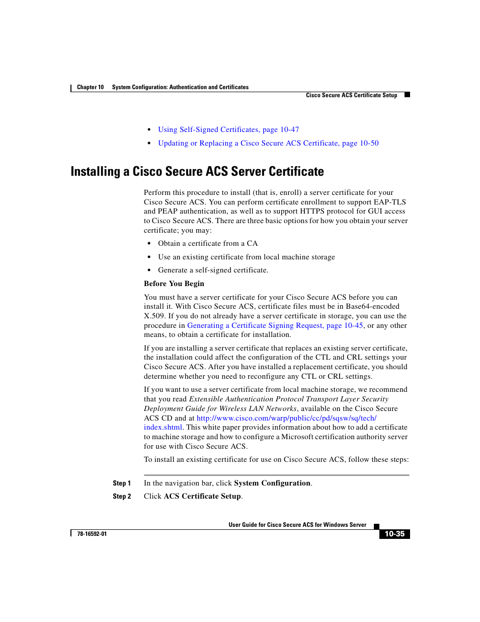 Installing a ciscosecure acs server certificate, Installing a cisco secure acs server certificate, Installing a | Installing a cisco secure acs server | Cisco 3.3 User Manual | Page 415 / 860