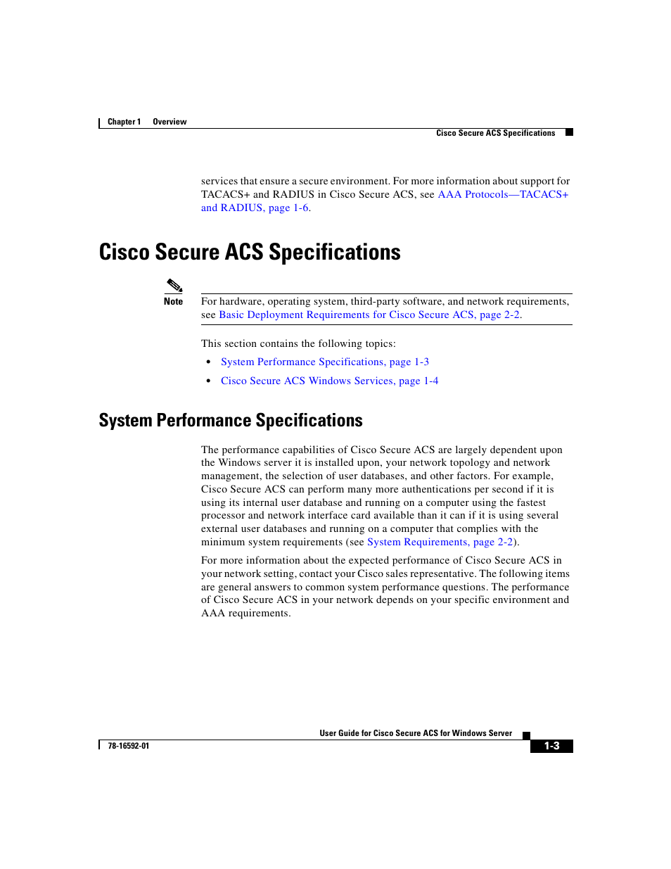 Ciscosecure acs specifications, System performance specifications, Cisco secure acs specifications | Cisco 3.3 User Manual | Page 43 / 860