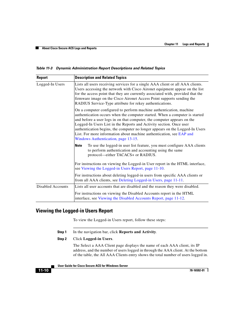 Viewing the logged-in users report, Table 11-3 | Cisco 3.3 User Manual | Page 442 / 860