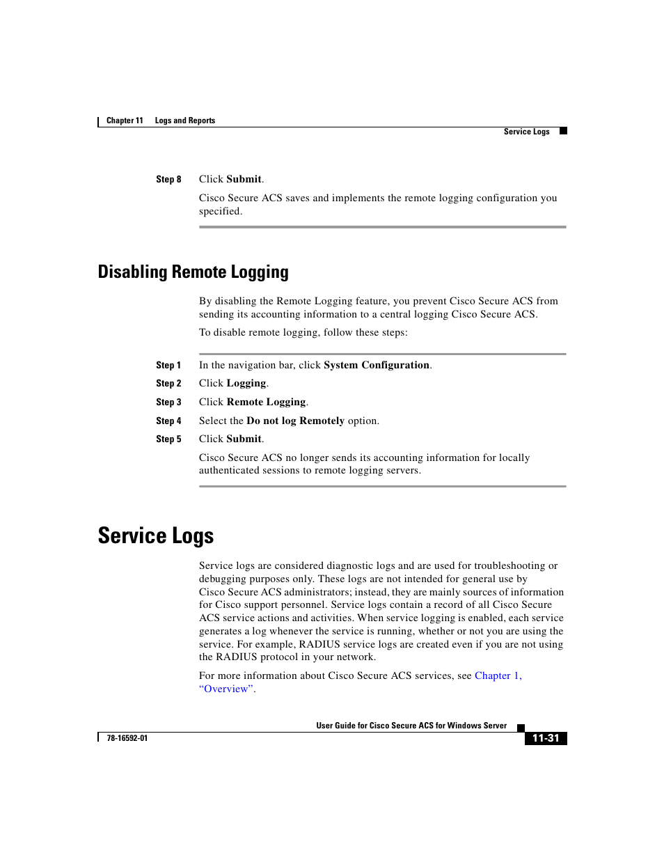 Disabling remote logging, Service logs, Service | Cisco 3.3 User Manual | Page 463 / 860