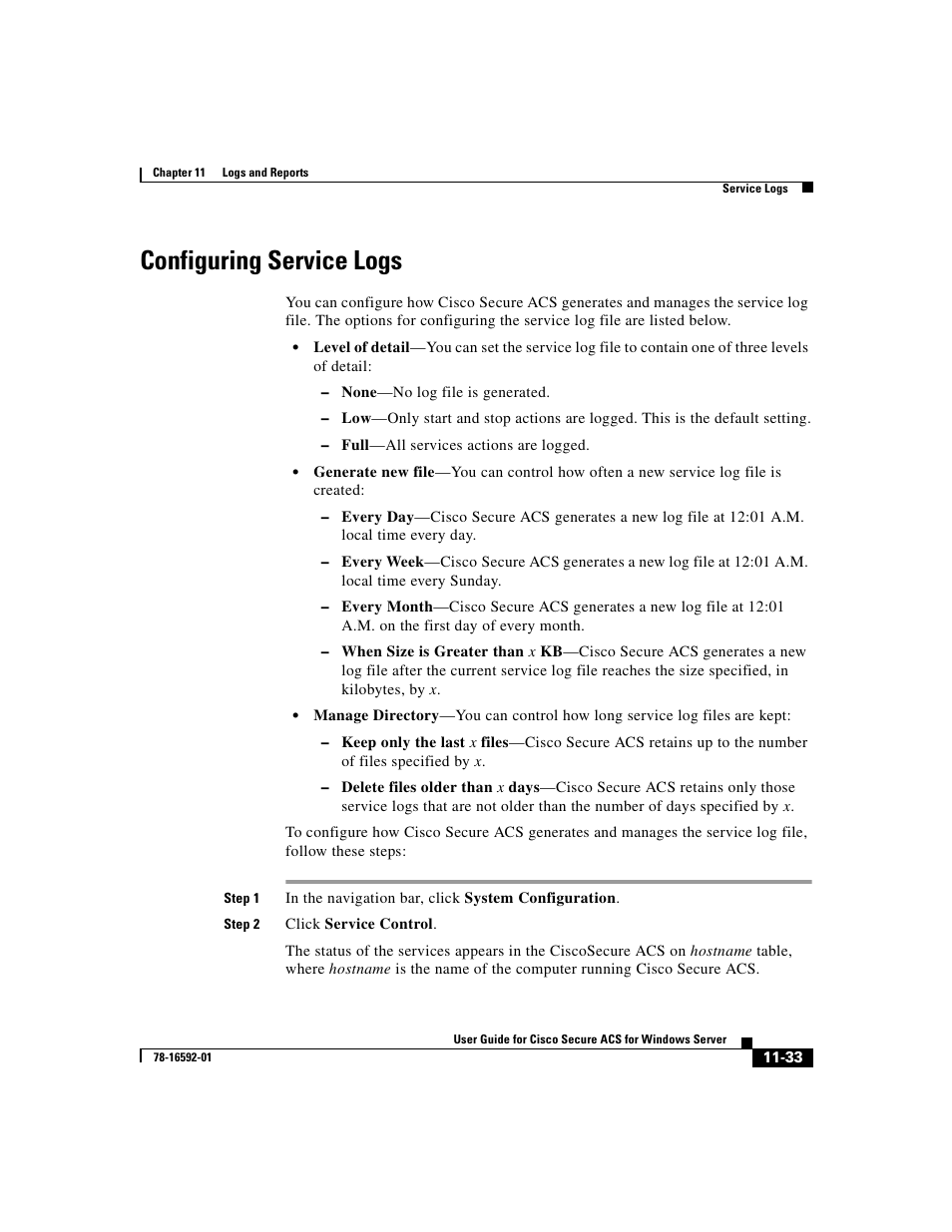 Configuring service logs | Cisco 3.3 User Manual | Page 465 / 860