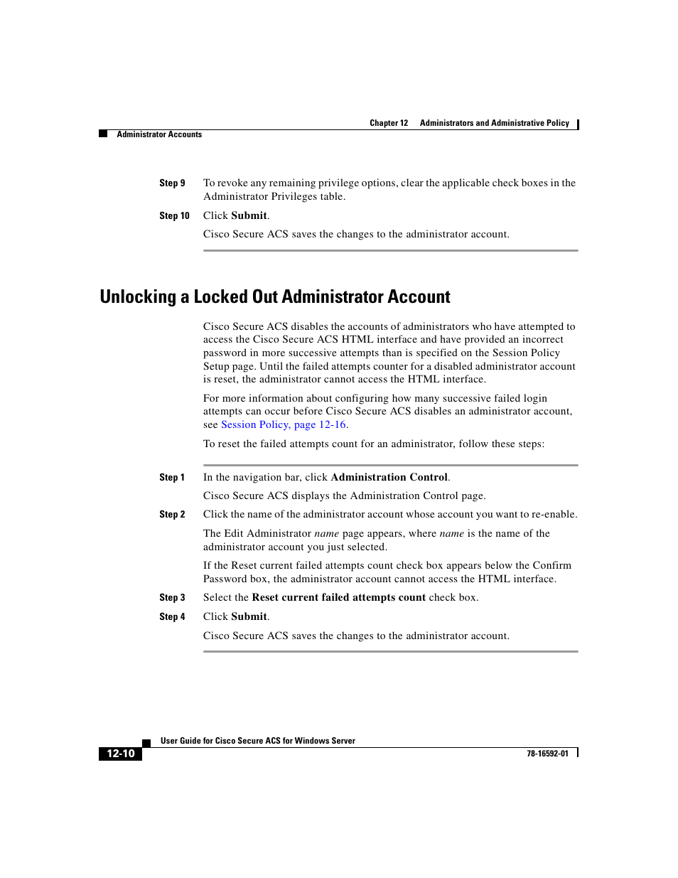 Unlocking a locked out administrator account, Unlocking a locked out administrator | Cisco 3.3 User Manual | Page 476 / 860