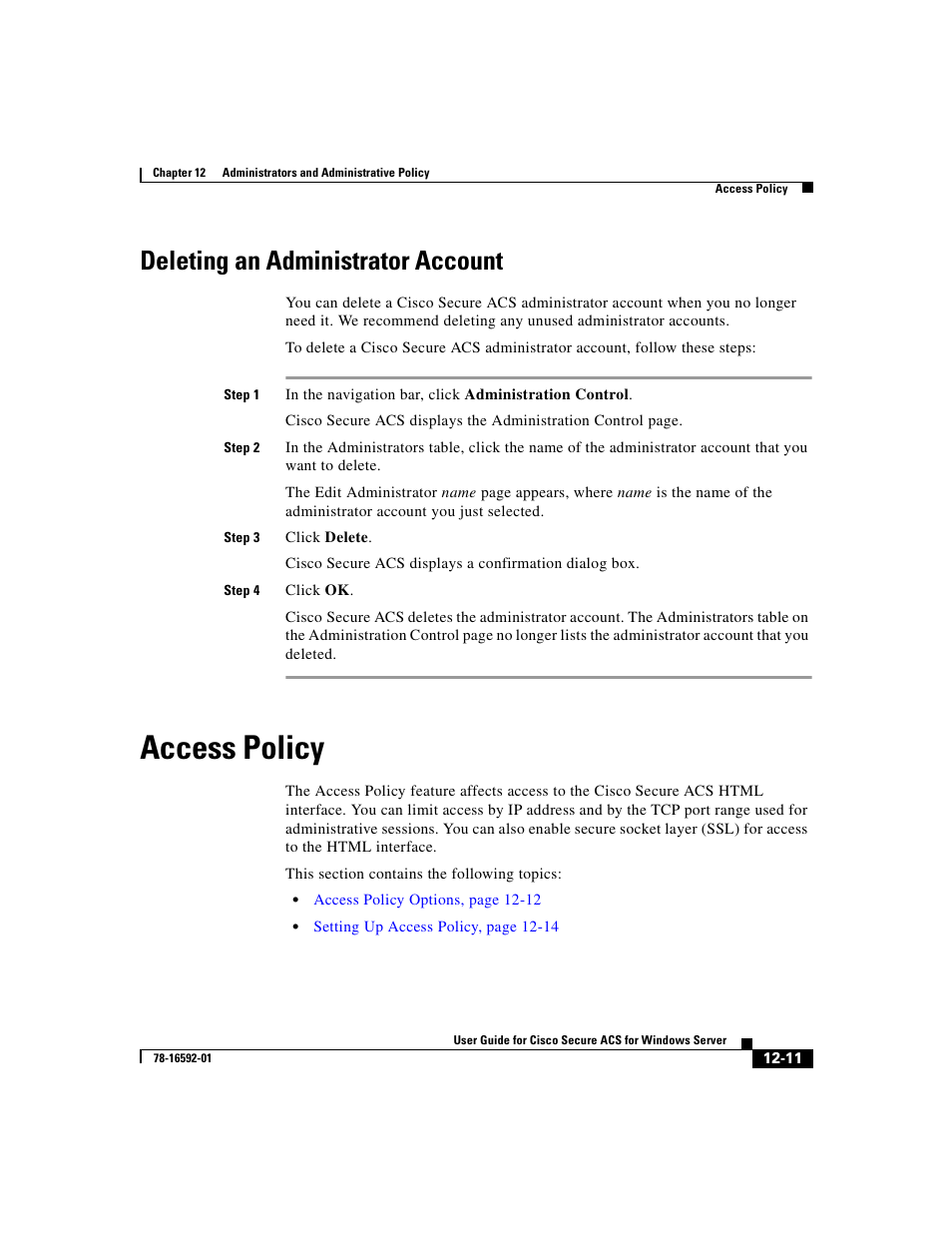 Deleting an administrator account, Access policy, Access | Deleting an | Cisco 3.3 User Manual | Page 477 / 860