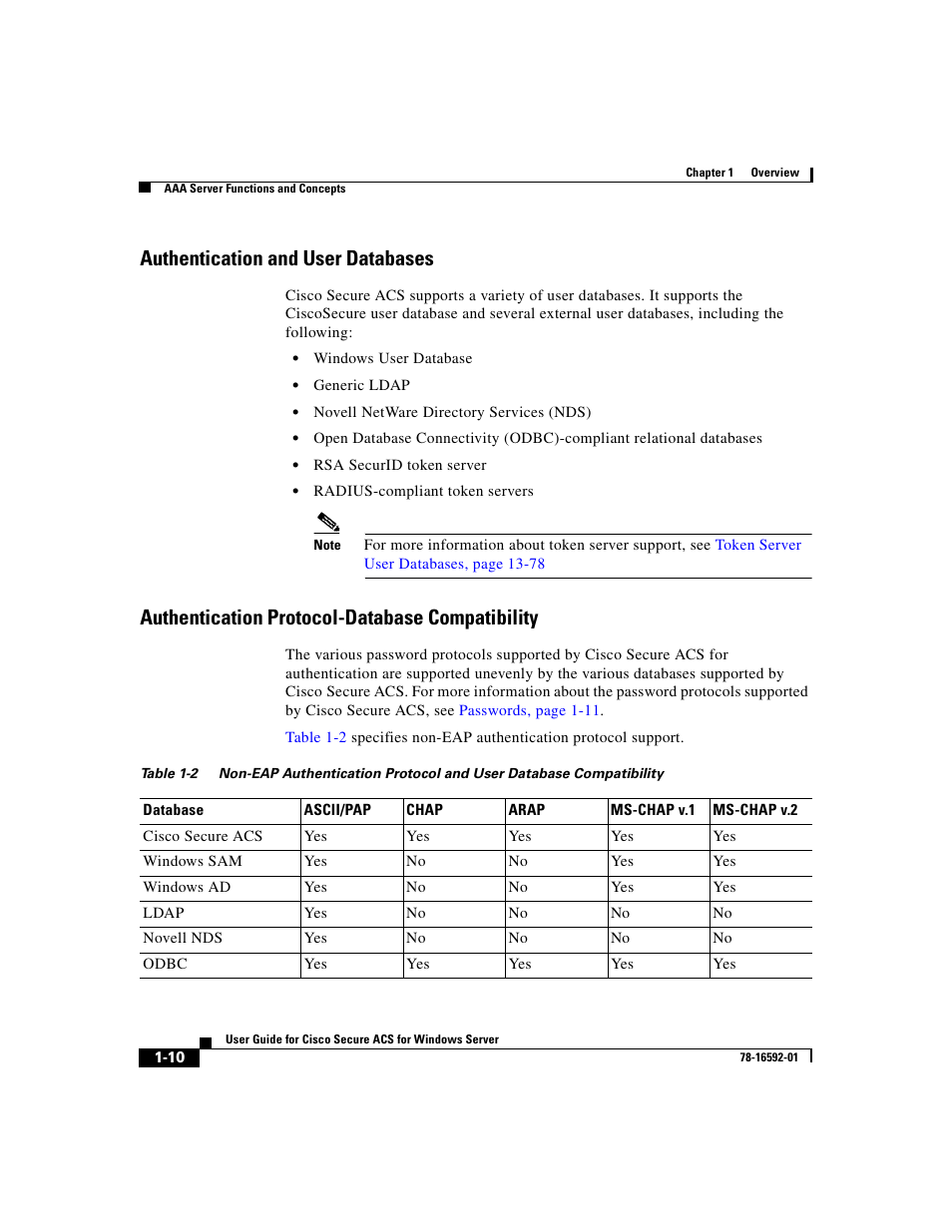 Authentication and user databases, Authentication protocol-database compatibility | Cisco 3.3 User Manual | Page 50 / 860