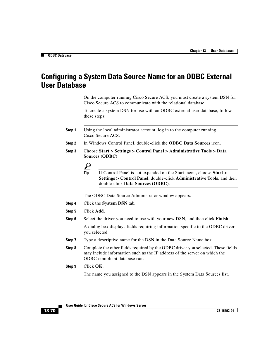 Configuring a system data source name for an odbc | Cisco 3.3 User Manual | Page 554 / 860