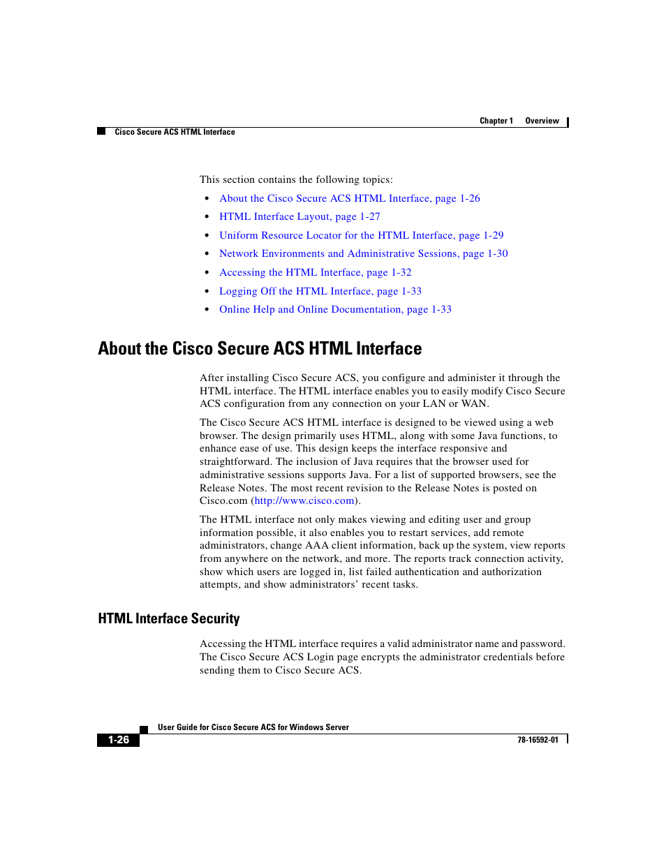 About the ciscosecure acs html interface, Html interface security, About the cisco secure acs html interface | Cisco 3.3 User Manual | Page 66 / 860