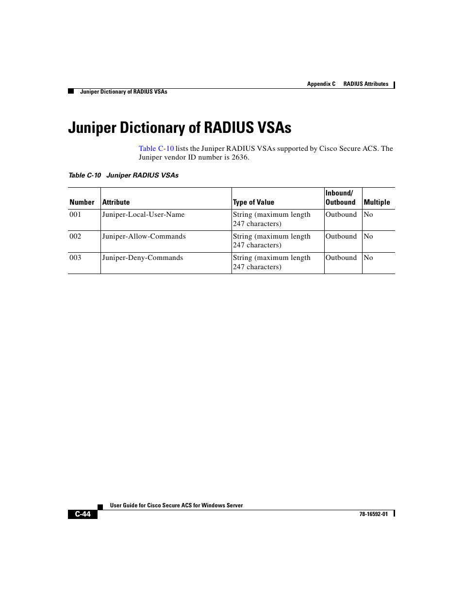 Juniper dictionary of radius vsas | Cisco 3.3 User Manual | Page 716 / 860