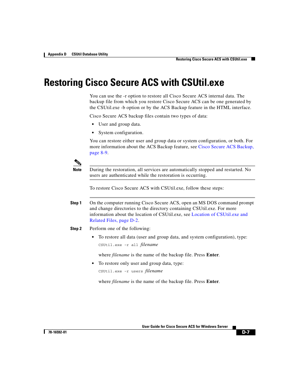 Restoring ciscosecure acs with csutil.exe, Restoring cisco secure acs with csutil.exe | Cisco 3.3 User Manual | Page 723 / 860