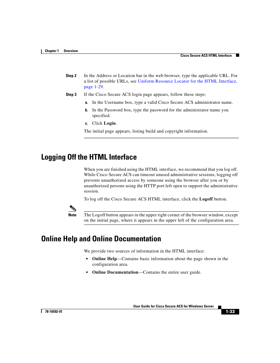 Logging off the html interface, Online help and online documentation, Logging off | Online help and online | Cisco 3.3 User Manual | Page 73 / 860