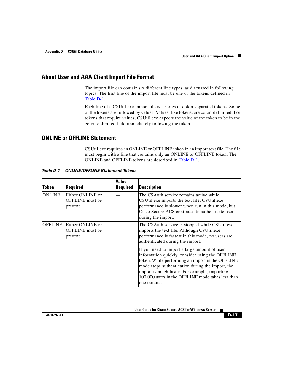 About user and aaa client import file format, Online or offline statement | Cisco 3.3 User Manual | Page 733 / 860