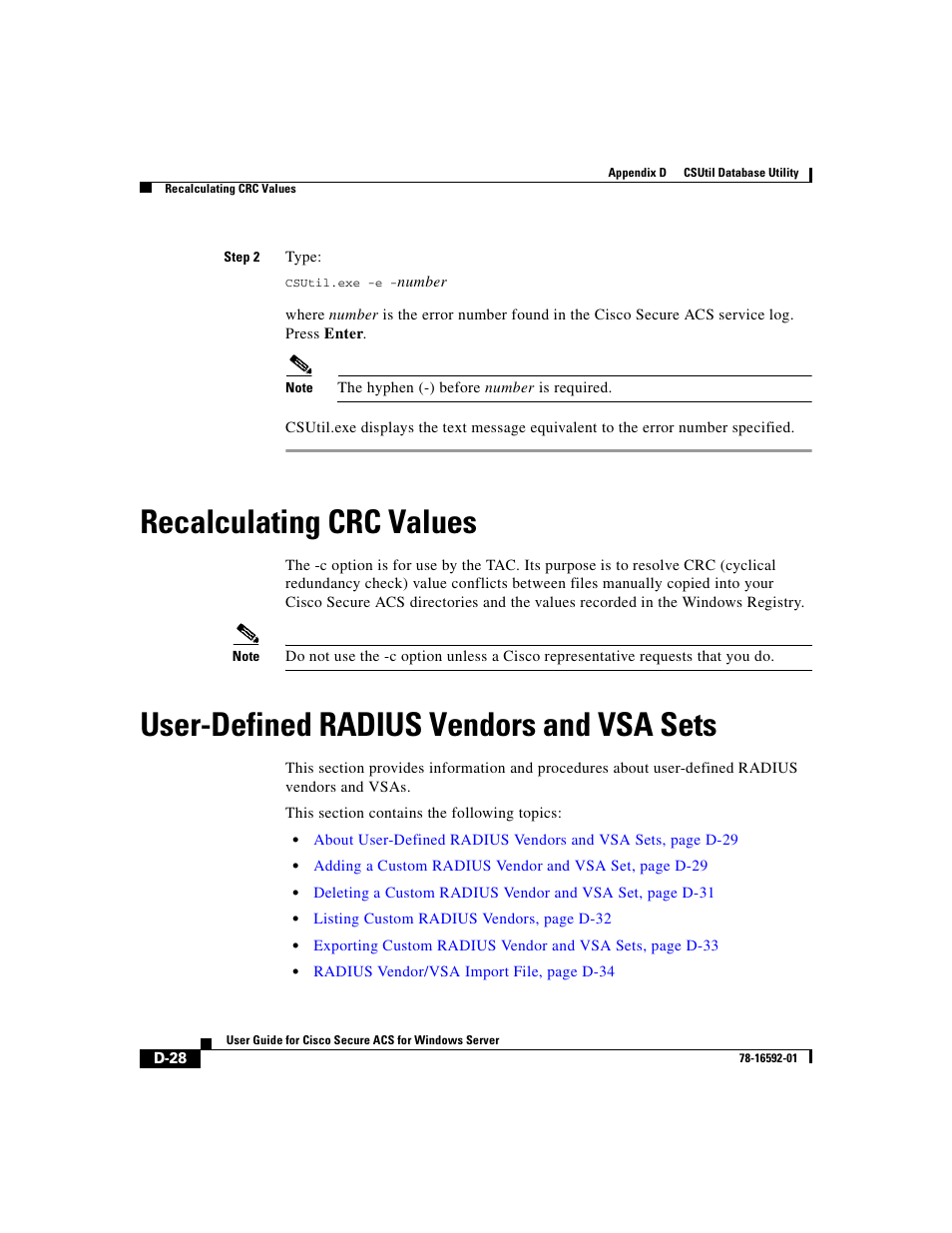 Recalculating crc values, User-defined radius vendors and vsa sets | Cisco 3.3 User Manual | Page 744 / 860