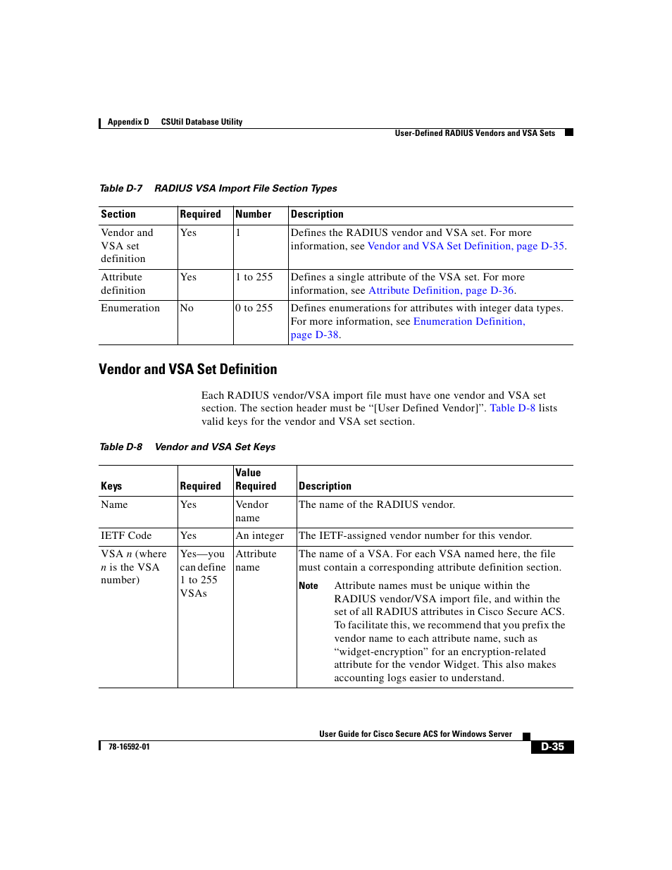Vendor and vsa set definition, Table d-7 | Cisco 3.3 User Manual | Page 751 / 860